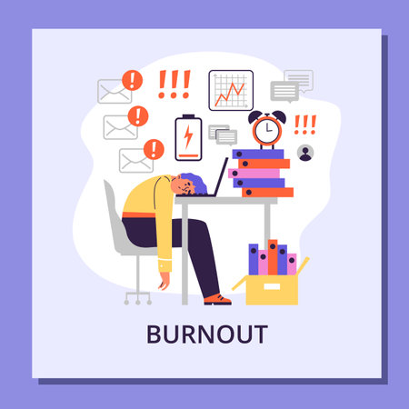 Burnout concept poster, tired employee lying his head on laptop, flat vector illustration.のイラスト素材