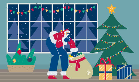 Santa Claus in sunglasses sneaking with gift sack, flat vector illustration.のイラスト素材