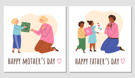 Set of squared banners about happy Mothers and Fathers Day flat styleのイラスト素材