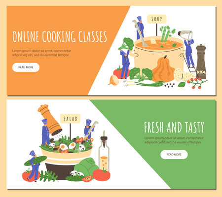 Online cooking classes advertising web banners set, flat vector illustration.のイラスト素材