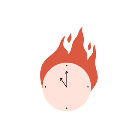 Clock on fire, cartoon flat vector illustration isolated on white background.のイラスト素材