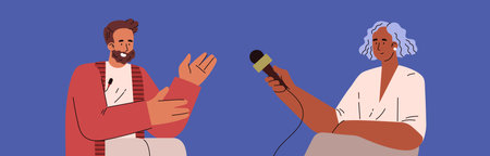 Journalist interviewing famous person, flat vector illustration isolated on blue background.のイラスト素材