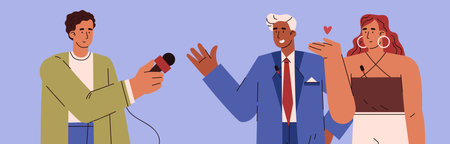 TV journalist street interview with celebrities, news reporter with microphone interviewing couple vector illustrationのイラスト素材