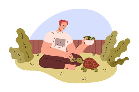 Guy feeding a turtle in the garden, cartoon tortoise eats grass from the owners hands, vector home pet reptile animalのイラスト素材