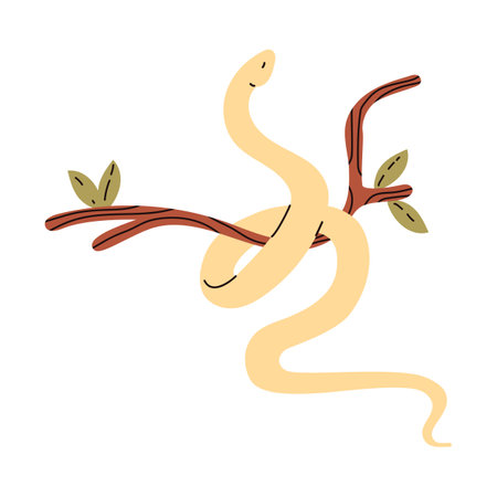 Cute yellow snake wrapped around branch flat style, vector illustrationのイラスト素材