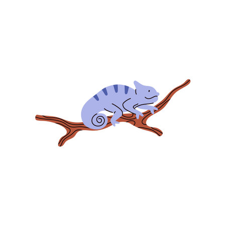 Blue guana on branch, hand drawn lizard character, side view isolated, childish flat pet reptile animal, exotic crawling mammalのイラスト素材