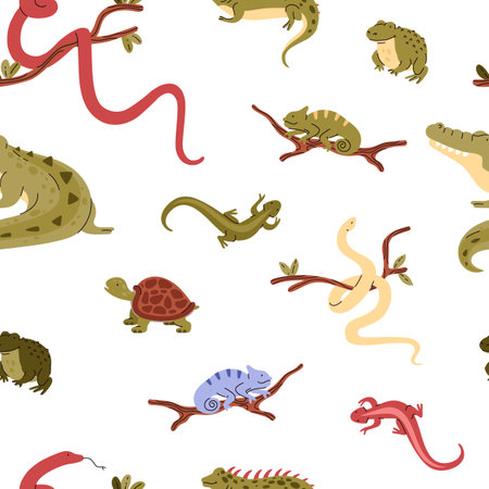 Seamless pattern with cute different reptiles flat style, vector illustrationのイラスト素材