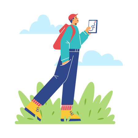 Woman addicted to social media and her phone, poster with text - flat vector illustration.のイラスト素材