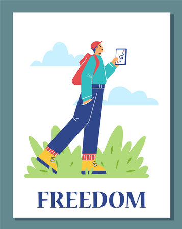 Happy young man with backpack enjoying a walk in nature, traveling with navigator, JOMO lifestyle, vector freedom posterのイラスト素材
