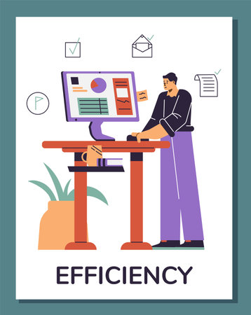 Employee manager or businessman looking at computer, writing notes, doing tasks, analyzes chart vector Efficiency posterのイラスト素材