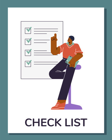 Productivity smart manager man pointing to successfully completed checklist, vector time task management, self controlのイラスト素材