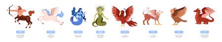 Vector collection of various magical mythical creatures, cartoon characters and heroes fantasy legends, Greek mythologyのイラスト素材