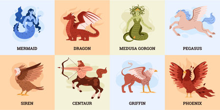 Mythical creature cards set, cartoon flat vector illustration.のイラスト素材