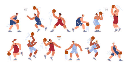 Basketball players, athletes with ball in different poses, handling, jumping, defense and offense, vector set sport gameのイラスト素材