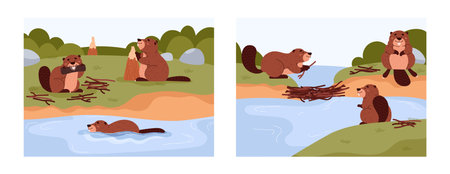 Set of scenes with cute beavers flat stye, vector illustrationのイラスト素材