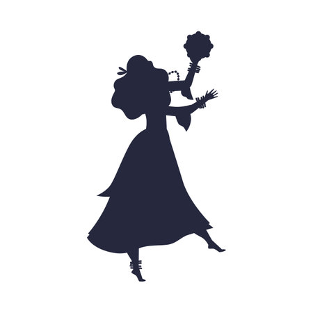 Roma gypsy girl dancing in long dress with tambourine black silhouette, vector Romany dance and music, flamenco folkのイラスト素材