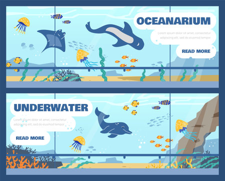 Oceanarium, marine flora and fauna, underwater and sea animals fish variety, vector design for landing page and flyersのイラスト素材