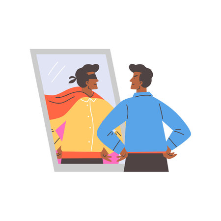 Man looks in mirror and sees superhero in reflection flat style, vector illustrationのイラスト素材