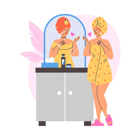 Woman in towel in the bathroom imagines herself as queen in her reflection in mirror, Love yourself motivational vectorのイラスト素材