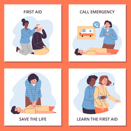 Set of squared banners about first aid people flat style, vector illustrationのイラスト素材