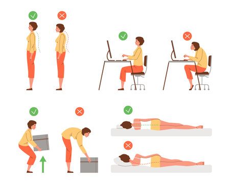 Vector isolated illustration set of correct and incorrect human poses spine, neck. Woman standing, sitting at computer, lifting object, lying on sideのイラスト素材