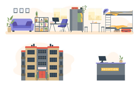 Set of hostel building, reception rack and room interior flat styleのイラスト素材