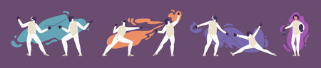 Set of various poses in Fencing duel competition, Vector fencing players against of traffic spots,...