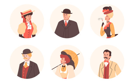 Nineteenth century gentlemen and ladies set, flat vector illustration isolated.のイラスト素材