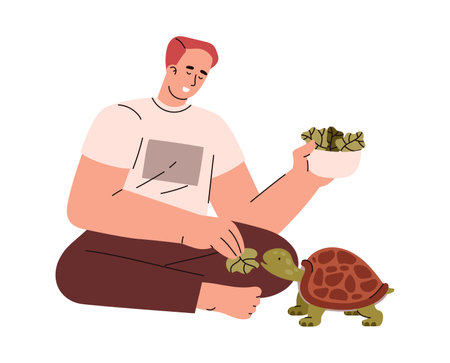 Young man feeding turtle with salad leaves.のイラスト素材
