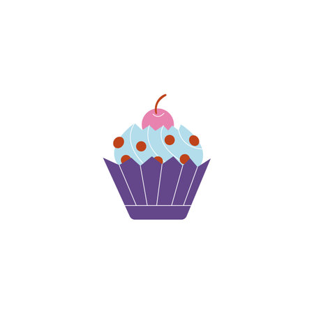 Sweet cupcake with cream and cherry in a paper cup, glazed and decorated with red candies vector culinaryのイラスト素材