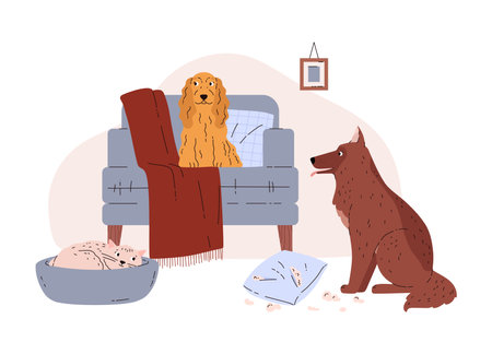 Domestic animals stay home alone and make a mess, vector illustration isolated.のイラスト素材