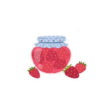 Jar of strawberry jam, vector cartoon illustration isolated on white.のイラスト素材