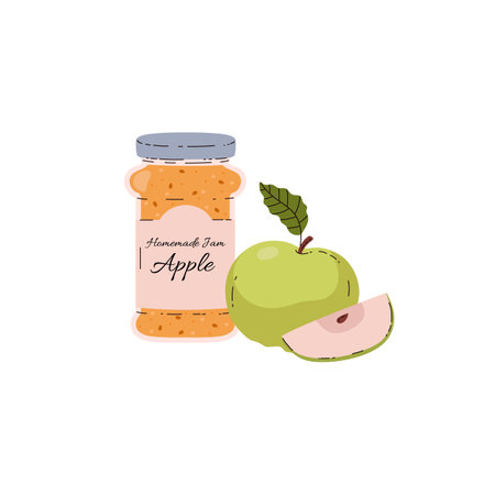 Jar of apple jam, vector illustration isolated on white, flat cartoonのイラスト素材