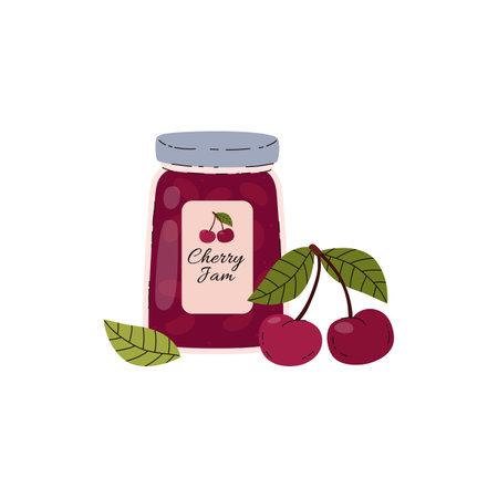 Jar of cherry jam, vector cartoon illustration isolated on white.のイラスト素材