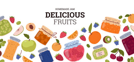 Jam, garden fruits and berries, vector banner, illustrations on whiteのイラスト素材