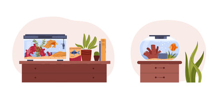 Glass home aquarium and fishbowl with goldfish, corals, seaweed and accessories, cartoon marine pet vector isolated setのイラスト素材