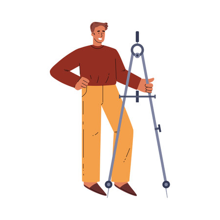 Happy man with math tool, vector illustration on white, flat cartoonのイラスト素材