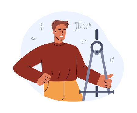 Smiling young boy standing with huge compass for drawing flat styleのイラスト素材