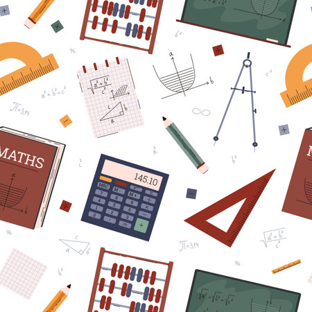 Seamless pattern with geometric and mathematic subjects, students education tools compass, protractor, calculator abacusのイラスト素材