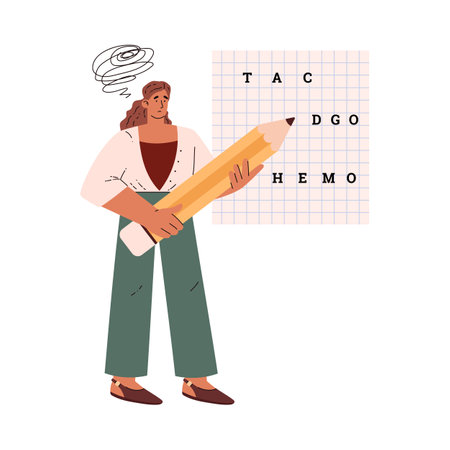 Sad woman with huge pencil and paper sheet having learning difficultiesのイラスト素材