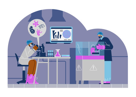 Man and woman virologists working at laboratory flat styeのイラスト素材