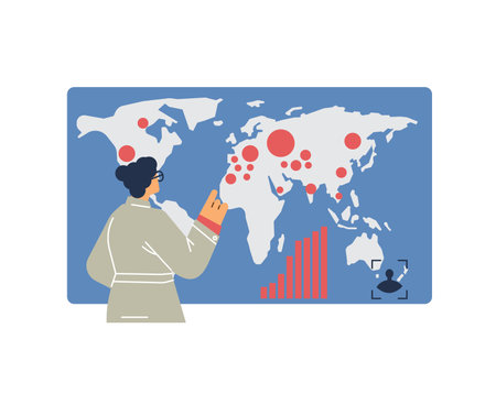 Scientist woman looks at the map, flat vector illustration on whiteのイラスト素材