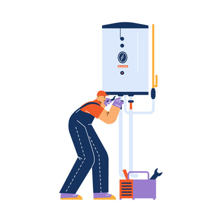 Worker adjust and fix boiler with spanner.のイラスト素材