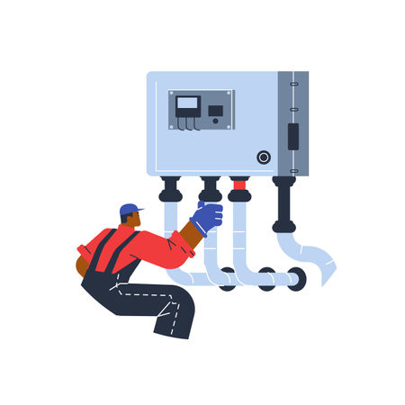 Working man and water boiler, flat cartoon vector illustration on whiteのイラスト素材