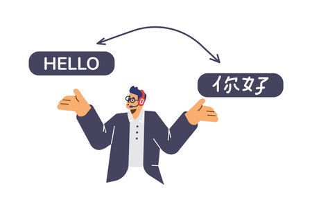 Young man translator with headset flat style, vector illustrationのイラスト素材