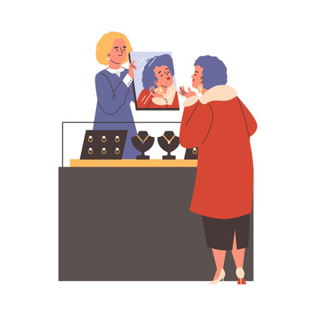 Women, seller and buyer in jewelry store, vector illustration on whiteのイラスト素材