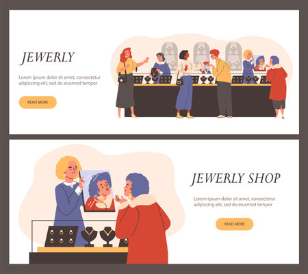 Jewelry shop, horizontal templates, cartoon vector illustrationのイラスト素材
