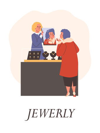 Old woman in jewelry shop chooses earrings, admires in the mirror, client and cashier, luxury jewelry vector posterのイラスト素材