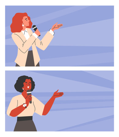 Women with microphone, vector illustration, flat cartoon styleのイラスト素材