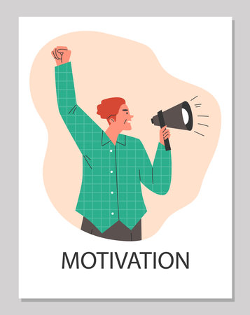 Business man shouting through loud speaker, cartoon presenter with megaphone, vector motivation presentation posterのイラスト素材